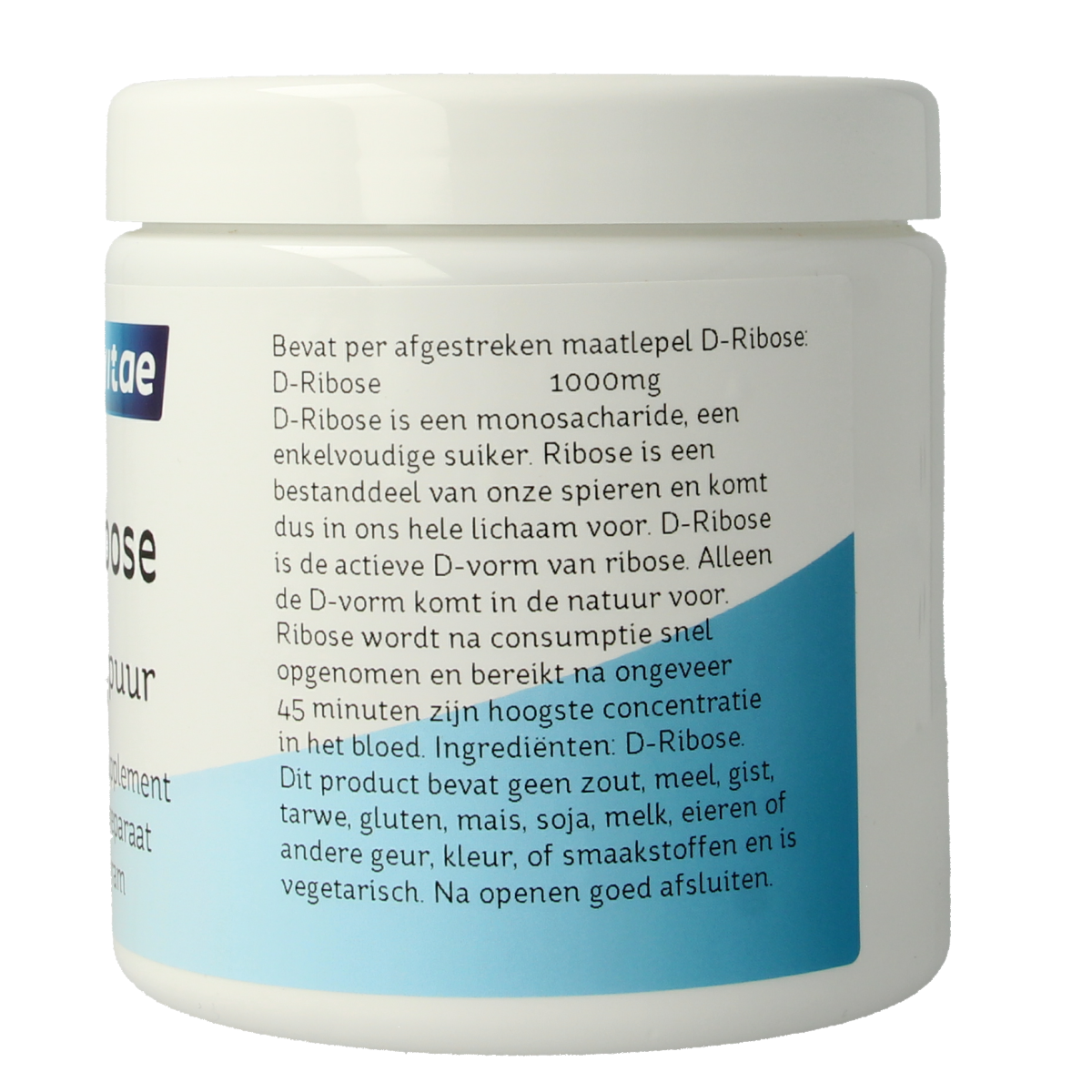 Bottle of Nova Vitae D Ribose 100% puur herbal supplement with a label showing product details and brand name.