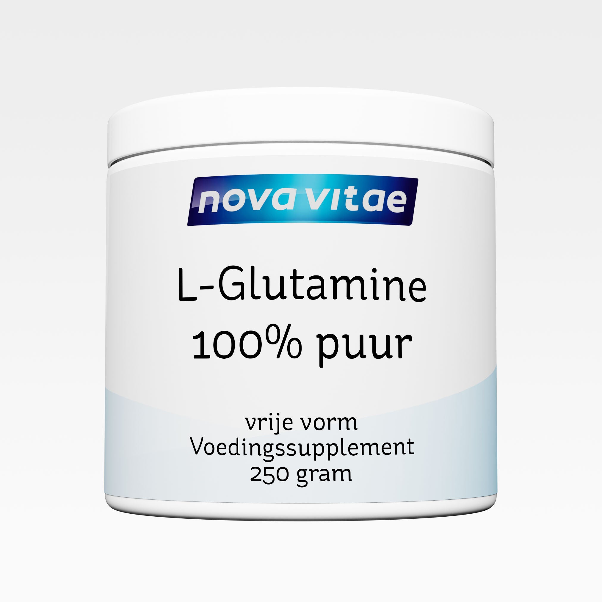 Nova Vitae L-Glutamine amino acid supplement in a 250g container, showcasing the product label and packaging.