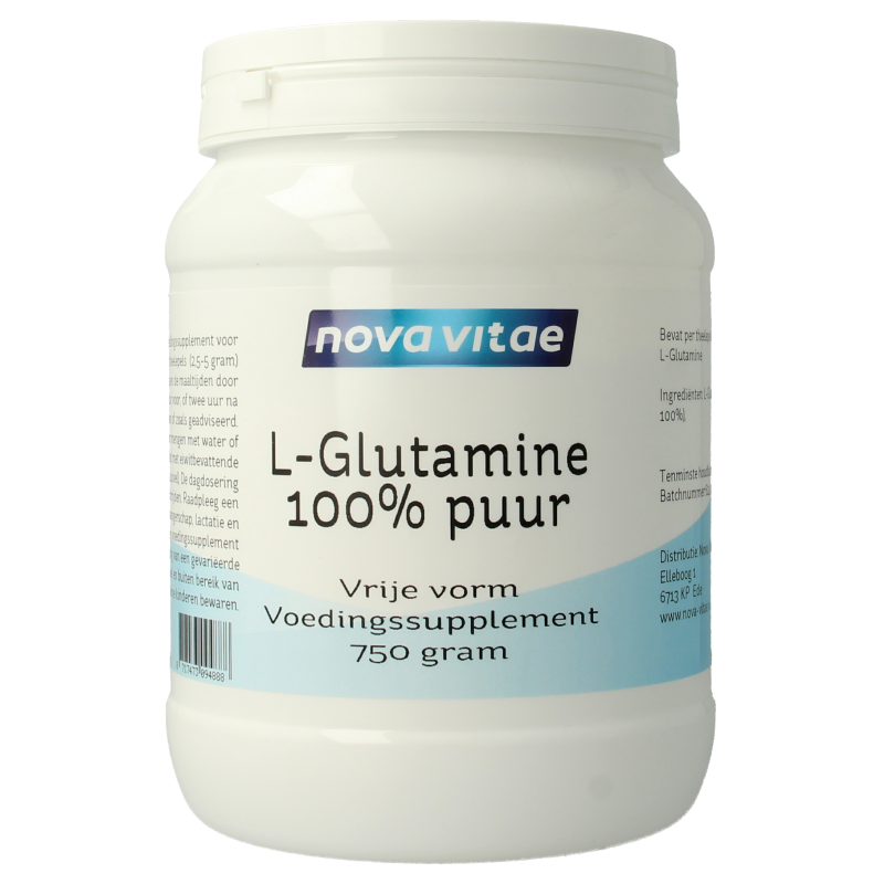 Container of Nova Vitae L-Glutamine amino acids supplement in a 750g jar, showing the product label and branding.