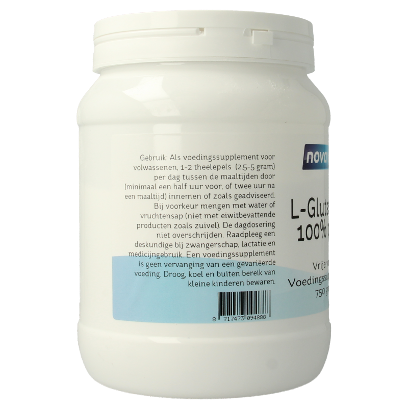 Nova Vitae L-Glutamine amino acids powder in a 750g container, showcasing the pure supplement with the brand label visible.