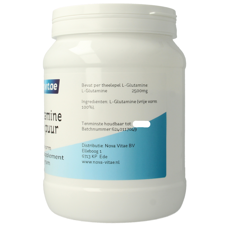 Nova Vitae L-Glutamine amino acid supplement in a 750g container, showing the product label and packaging.