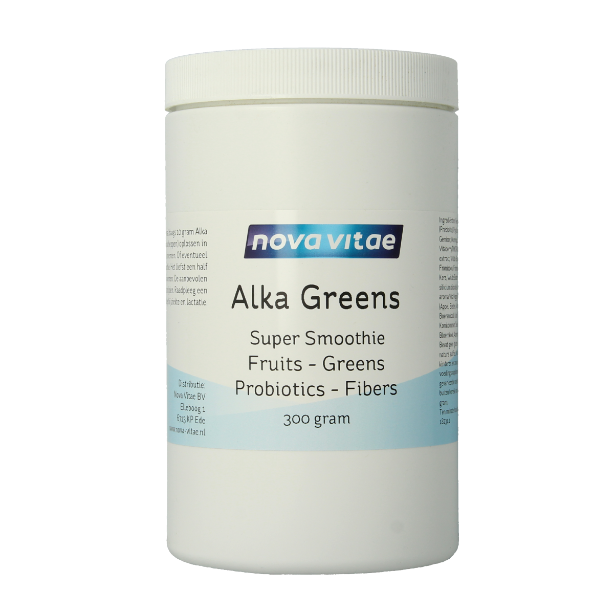 Nova Vitae Alka Greens Plus herbal supplement in a 300g container, featuring fresh green herbs for wellness and health benefits.