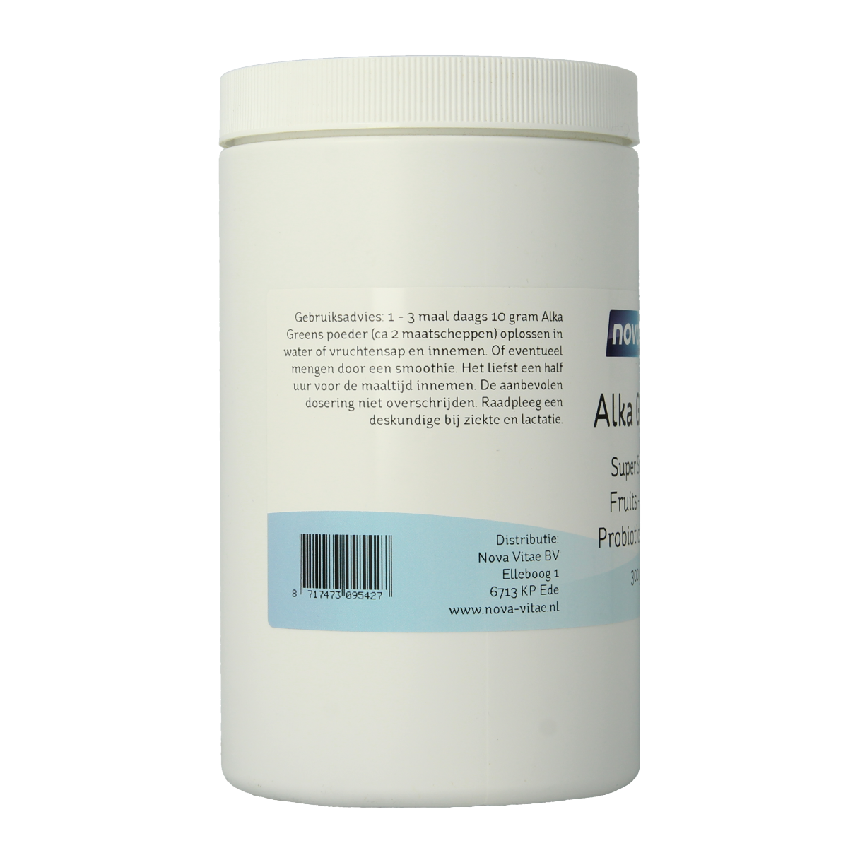 Nova Vitae Alka Greens Plus herbal supplement in 300g container, featuring natural kruidpreparaten and fresh green ingredients.