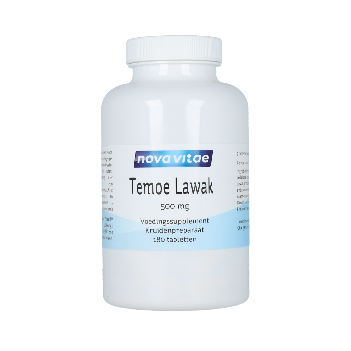 Nova Vitae Temoe lawak herbal tablets in a clear container, showcasing the packaging of this kruidenpreparaten supplement.