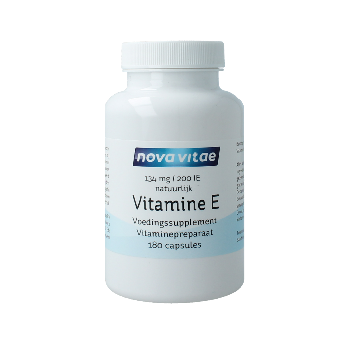 Nova Vitae Vitamin E 200IU capsules, close-up of the bottle with 180 capsules, natural supplement for skin and antioxidant support