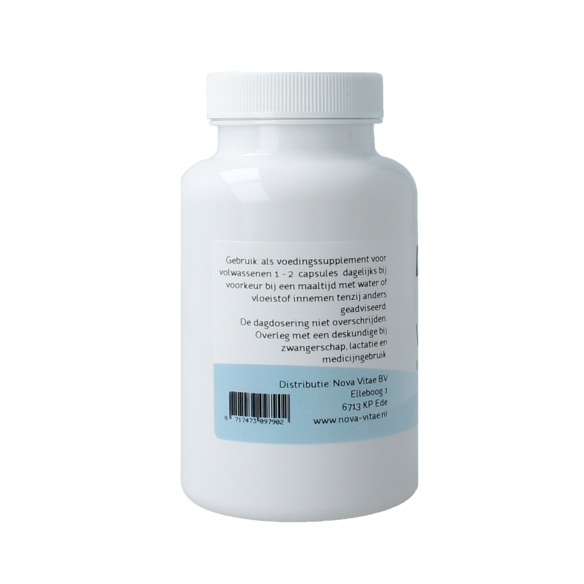Nova Vitae Vitamin E 200IU capsules, 180-count, close-up of the supplement bottle with capsules visible inside.