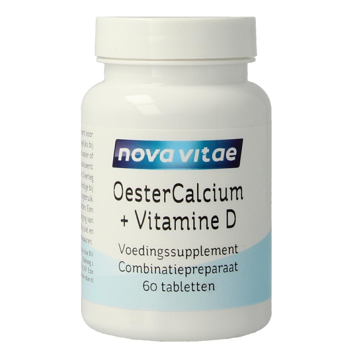 Box of Nova Vitae Oestercalcium Vit D mineral supplement tablets with 60 tablets in a white and blue package.