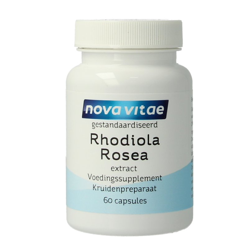 Nova Vitae Rhodiola rosea extract capsules in a bottle, herbal supplement with 60 vegetarian capsules for natural energy support.