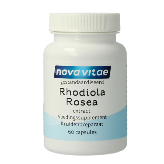 Nova Vitae Rhodiola rosea extract capsules in a bottle, herbal supplement with 60 vegetarian capsules for natural energy support.