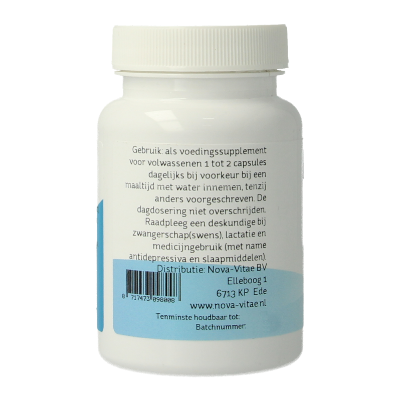 Nova Vitae Rhodiola rosea extract capsules, vegetarian herbal supplement in a white bottle with green label and capsules inside.