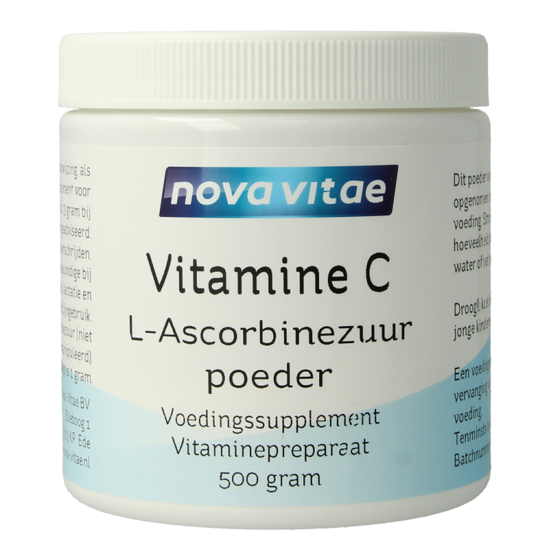 Nova Vitae Vitamine C ascorbinezuur poeder in a 500g container, showing the white powdered supplement on a clean surface.