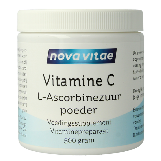 Nova Vitae Vitamine C ascorbinezuur poeder in a 500g container, showing the white powdered supplement on a clean surface.