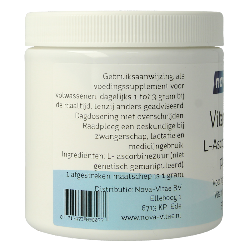 Nova Vitae Vitamine C ascorbinezuur poeder in 500g container, natural vitamin C supplement with white powder appearance.