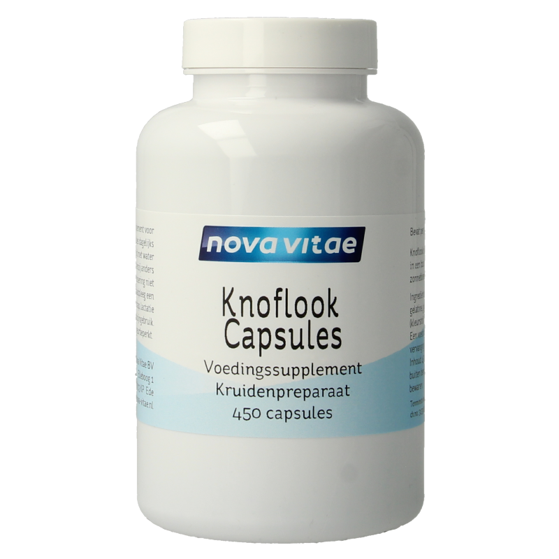 Bottle of Nova Vitae Knoflook 270mg garlic capsules, herbal supplement in a clear plastic container with a blue cap.