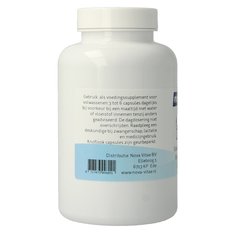 Close-up of Nova Vitae Knoflook 270mg garlic capsules in a bottle, part of Nova Vitae kruidenpreparaten supplement line.