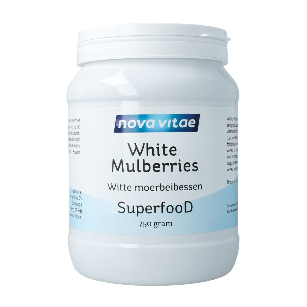 Fresh raw Nova Vitae mulberry berries in a 750g package, showcasing vibrant, ripe purple-black moerbeien in a clear container.