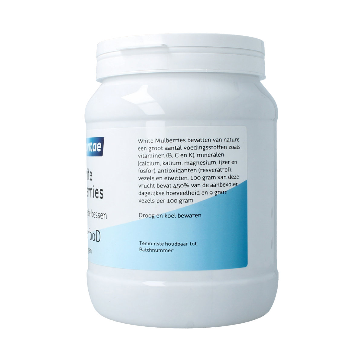 Raw Nova Vitae mulberry berries in a 750g package, showcasing vibrant, fresh superfood moerbeien in a clear container.