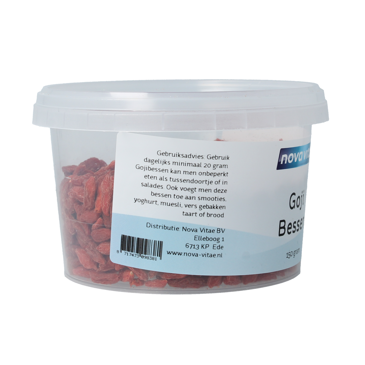Dried goji berries from Nova Vitae superfoods in a 150g package, shown in a close-up image.