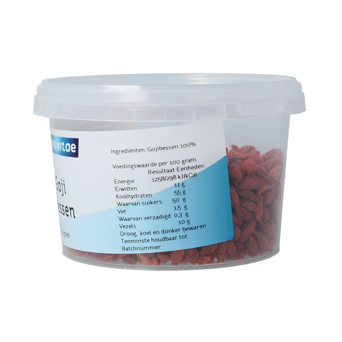 Raw Nova Vitae Goji berries in a 150g package, vibrant red superfood for healthy snacking or smoothies.