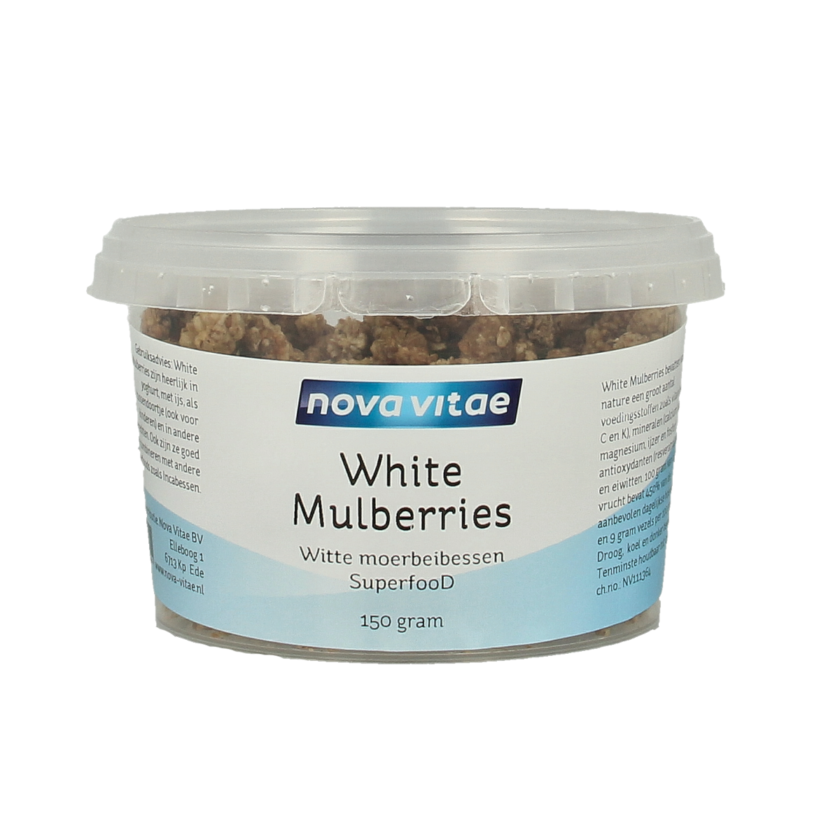 Raw Nova Vitae Mulberry Bessen (moerbeien) in 150g package, vibrant dark purple superfood berries on a white background.