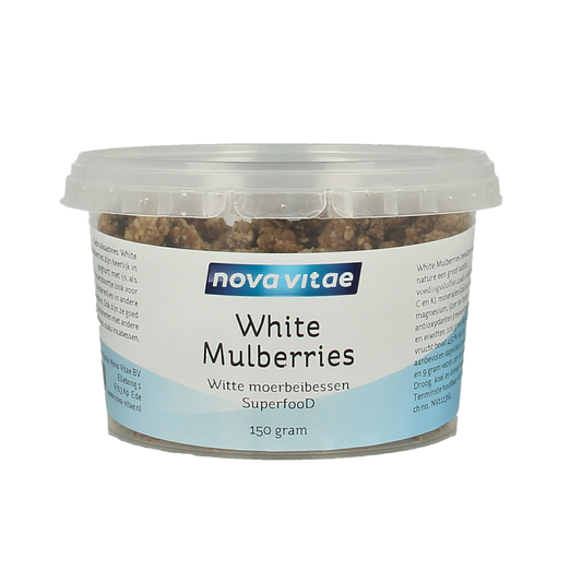 Raw Nova Vitae Mulberry Bessen (moerbeien) in 150g package, vibrant dark purple superfood berries on a white background.