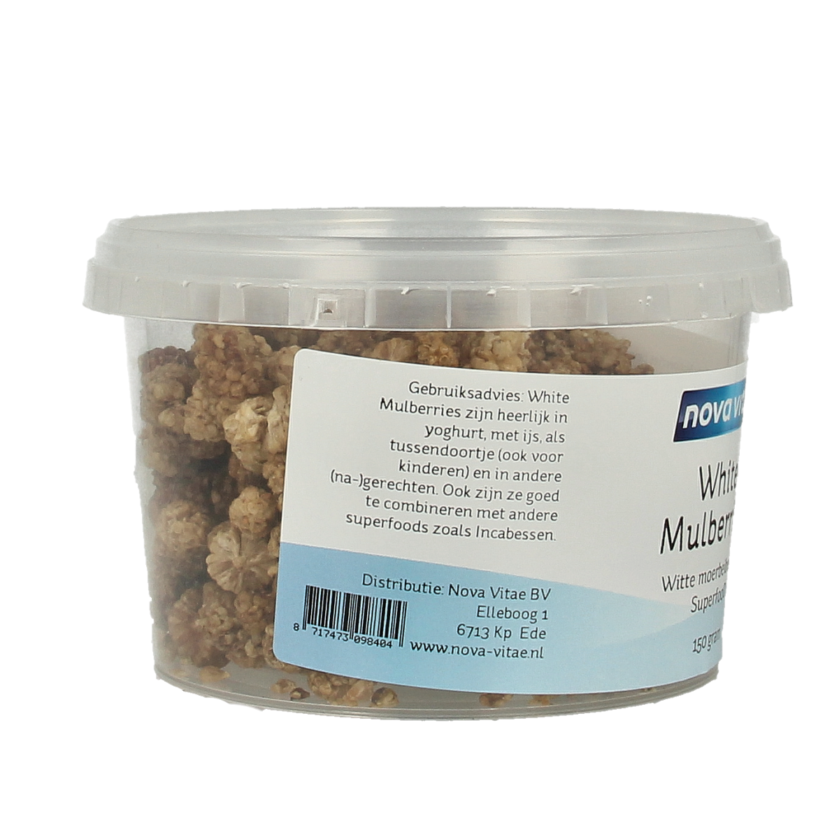 Fresh Nova Vitae Mulberry Bessen in a 150g package, raw superfood with vibrant blackberries and mulberries.