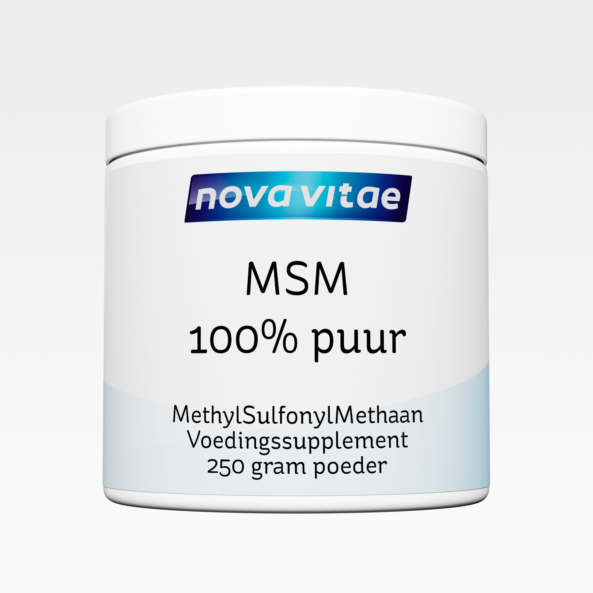 Nova Vitae MSM powder in 500g mineralen enkel container, showing the white crystalline supplement in a clear jar.