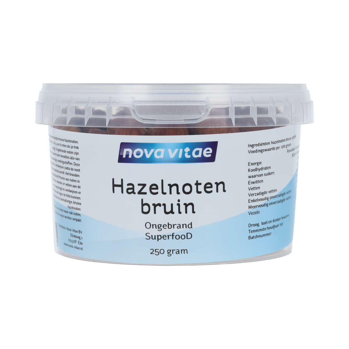 Raw, unroasted hazelnuts from Nova Vitae in a 250g package, showcasing the brown, natural nuts with textured shells.