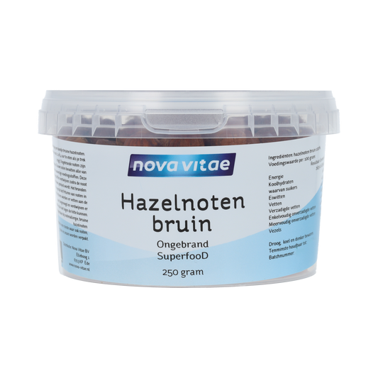 Raw, unroasted hazelnuts from Nova Vitae in a 250g package, showcasing the brown, natural nuts with textured shells.