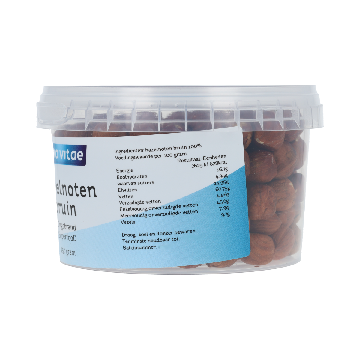 Raw, unroasted hazelnuts in brown color from Nova Vitae, 250 grams, part of their superfoods and raw snack selection.