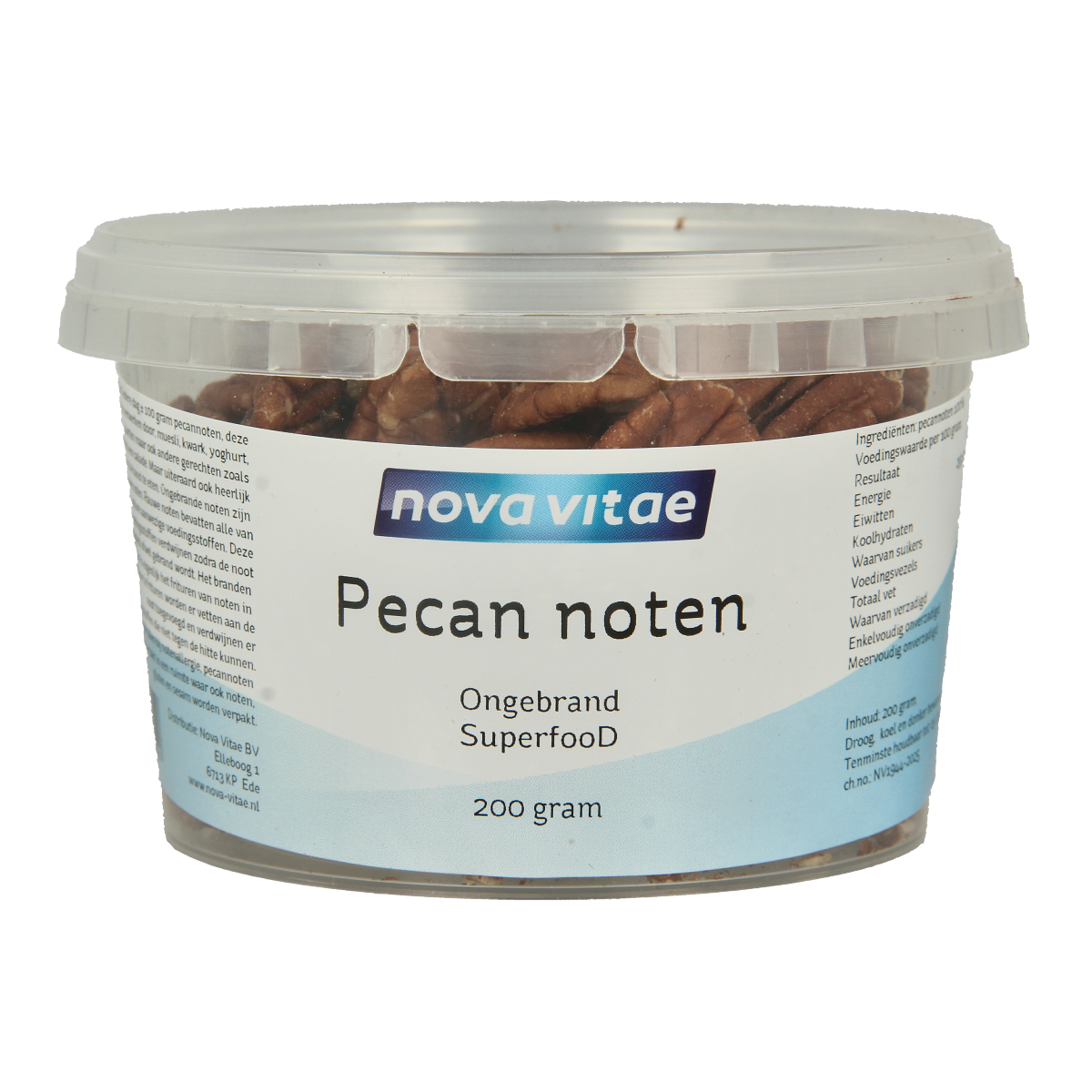 Raw unroasted pecan nuts in a 200g package from Nova Vitae, a superfood product with natural, nutrient-rich pecans.