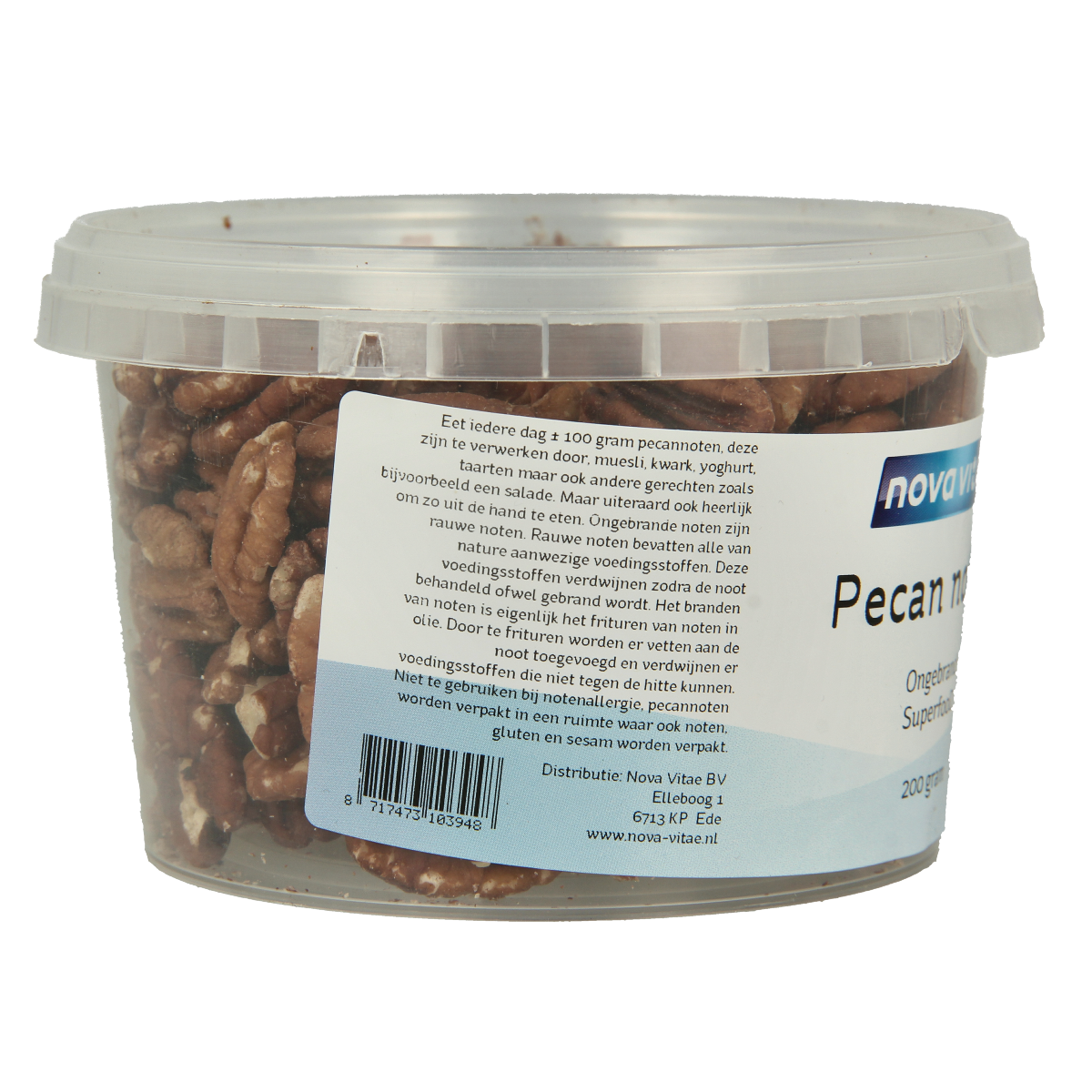 Raw unsalted pecan nuts from Nova Vitae, 200g, in a clear package, showcasing fresh, natural superfoods pecans.
