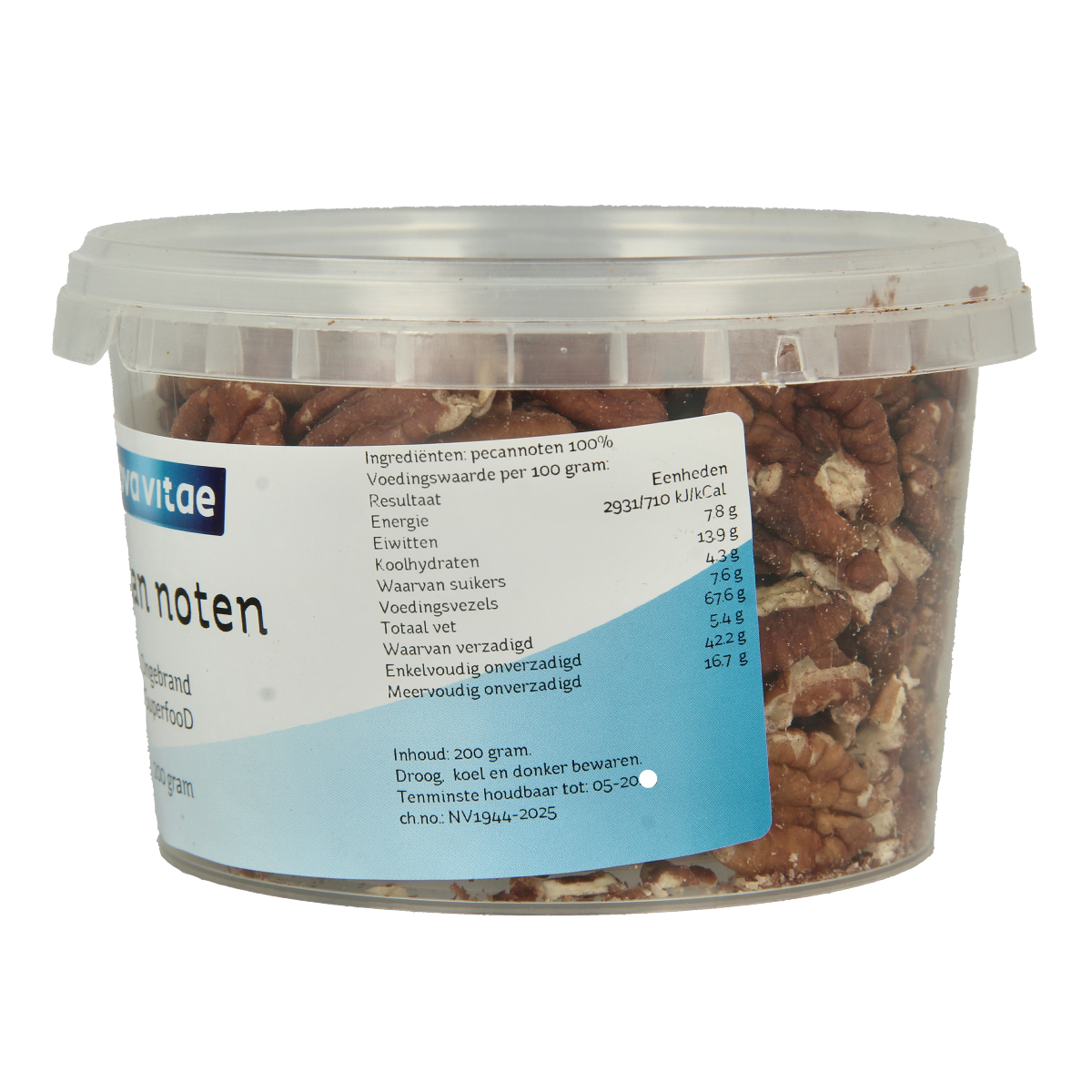 Raw pecan nuts from Nova Vitae, unroasted superfood in a 200g package, shown in the image.