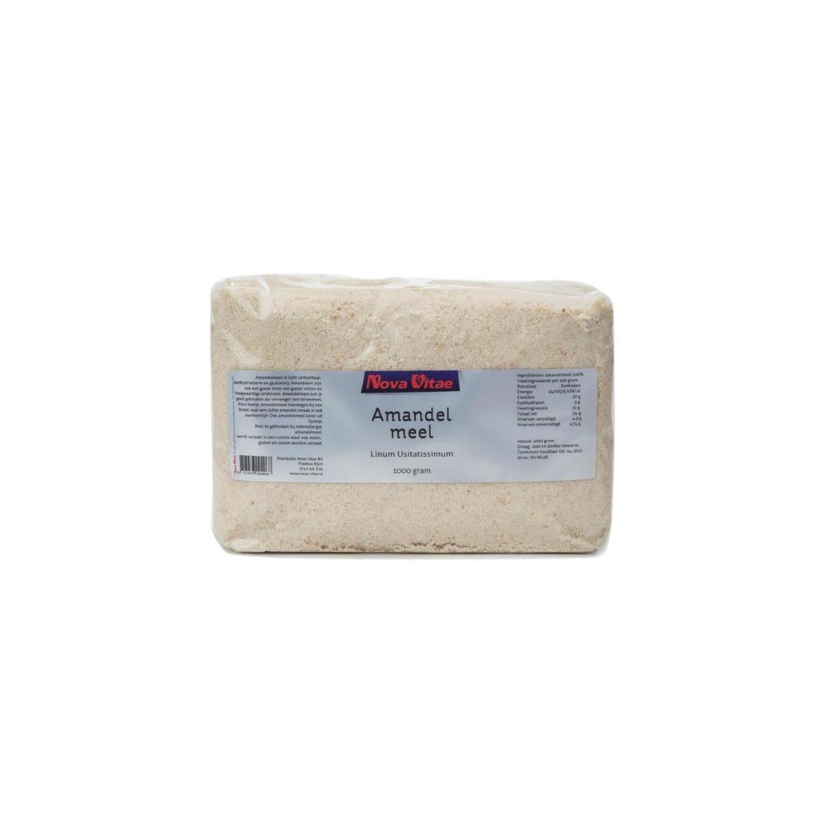 Nova Vitae almond flour in a 1kg bag, gluten-free baking mix, showing the product packaging with branding and weight details.