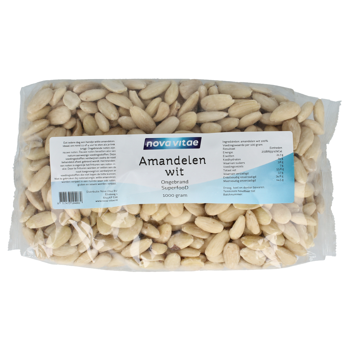 Raw white almonds from Nova Vitae, unroasted superfoods in a 1kg package, showing fresh whole almonds in a clear view.