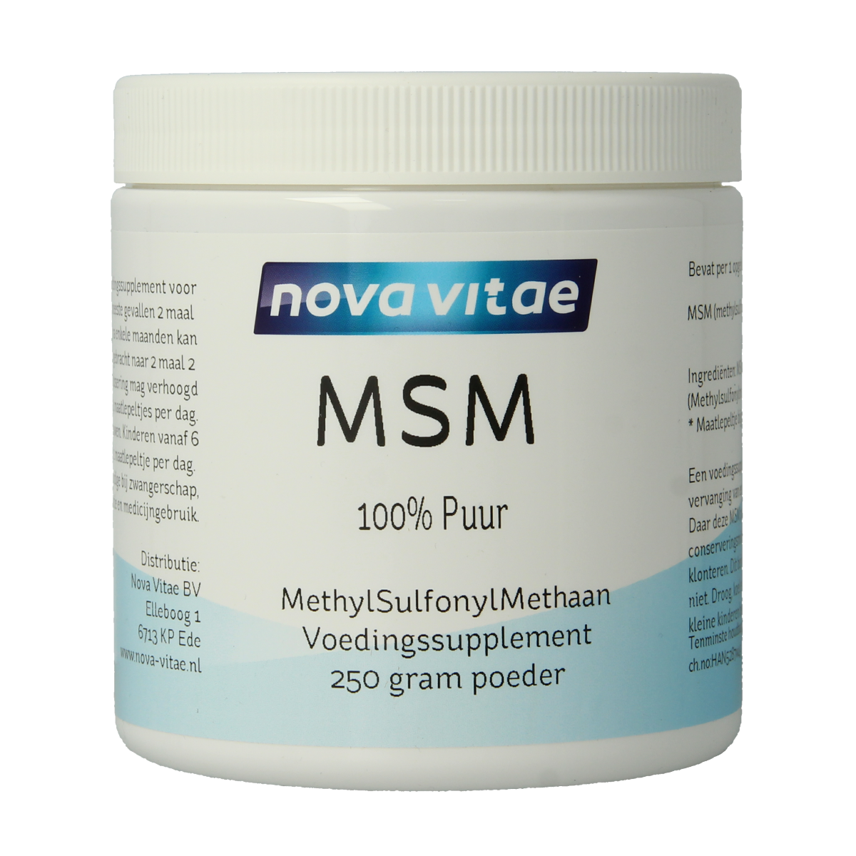 Nova Vitae MSM mineral powder in a 250g container, showing the label and product packaging.