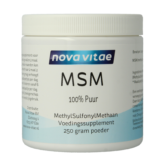 Nova Vitae MSM mineral powder in a 250g container, showing the label and product packaging.