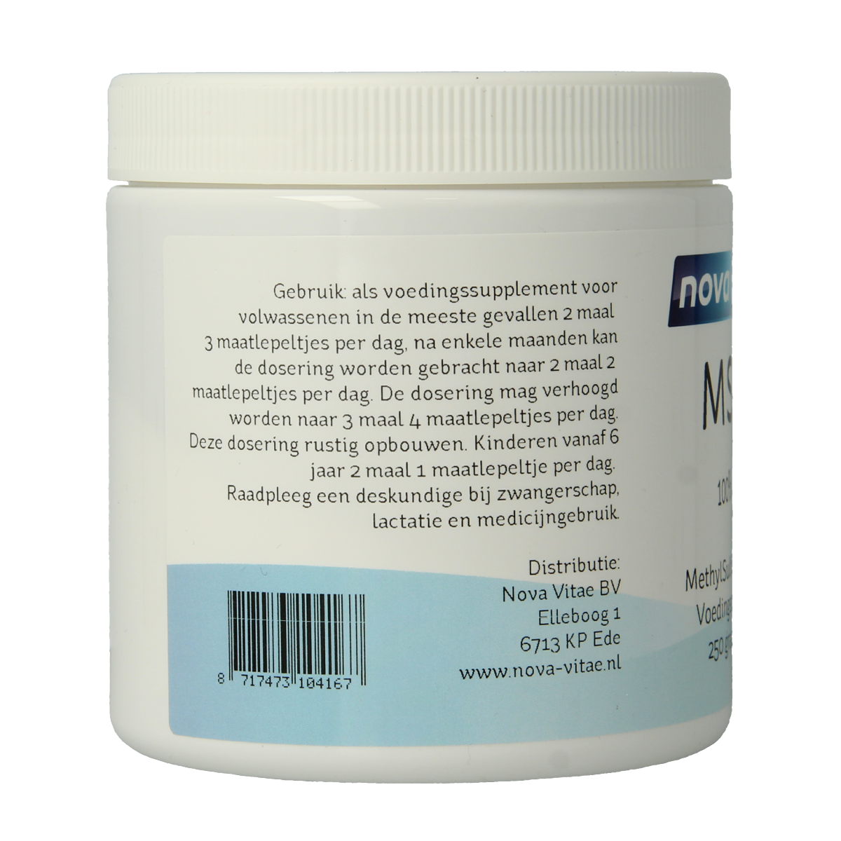 Nova Vitae MSM mineral powder in 250g transparent bag, showing the white crystalline substance inside.