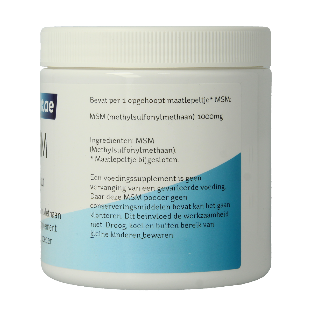 Nova Vitae MSM mineral powder in a 250g container, showing the white powdered supplement inside.