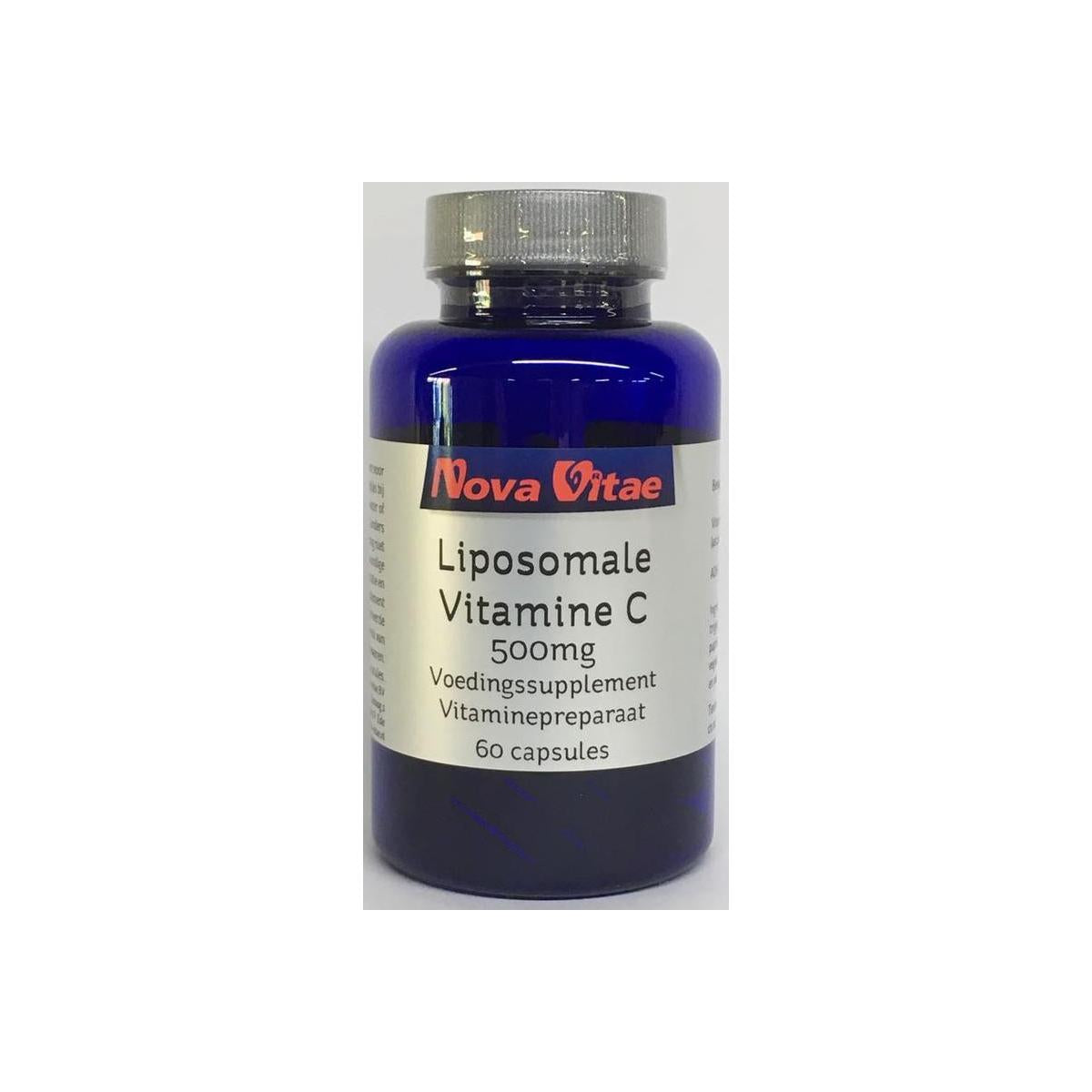 Nova Vitae Liposomaal vitamine C capsules, 60 vegetarian capsules, showing the supplement bottle and label.