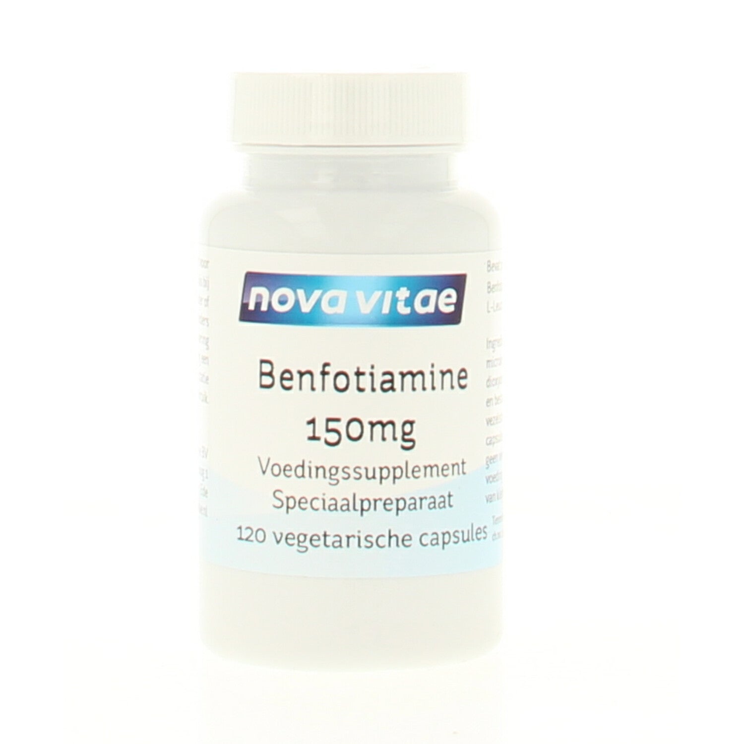 Nova Vitae Benfotiamine vegetarian capsules, 150mg vitamin B1 supplement, shown in the image.