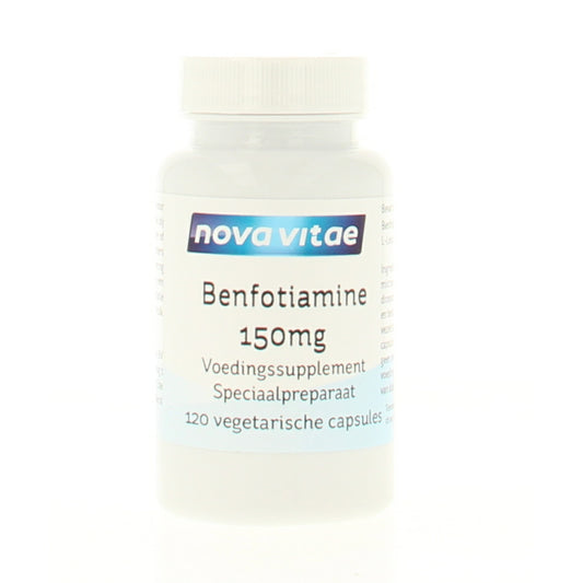 Nova Vitae Benfotiamine vegetarian capsules, 150mg vitamin B1 supplement, shown in the image.