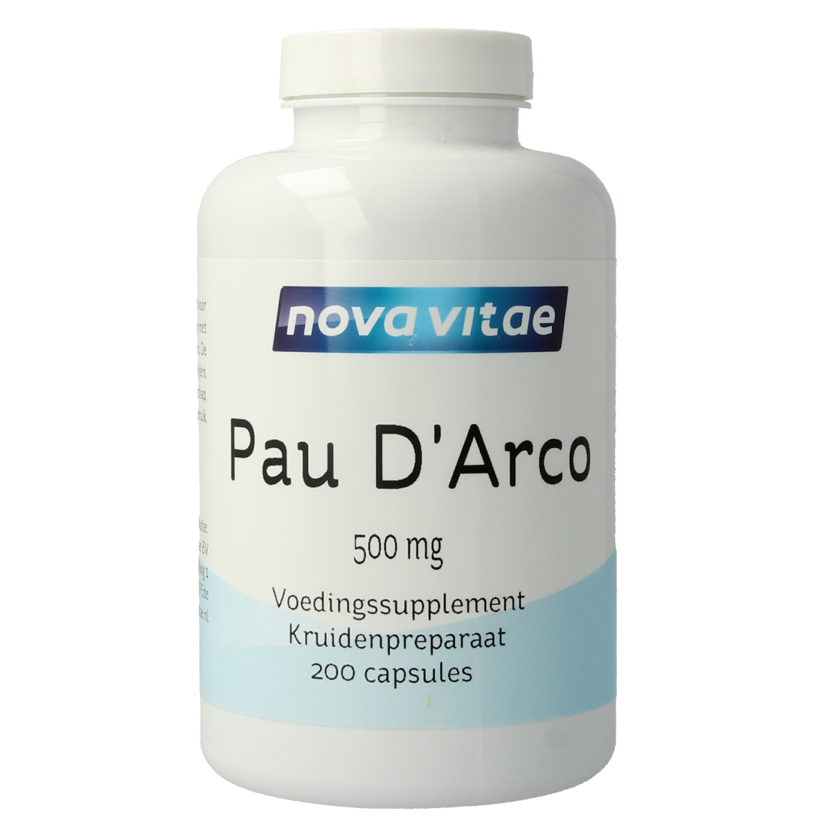 Nova Vitae Pau d'arco 500mg extract capsules, herbal supplement in a clear bottle with a white cap.