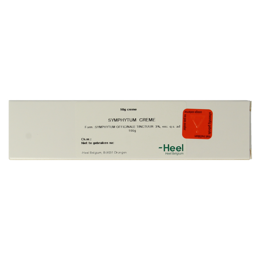 Homeoden Heel Symphytum creme 50g, herbal body care product in a tube, featuring natural ingredients for skin soothing and healing.