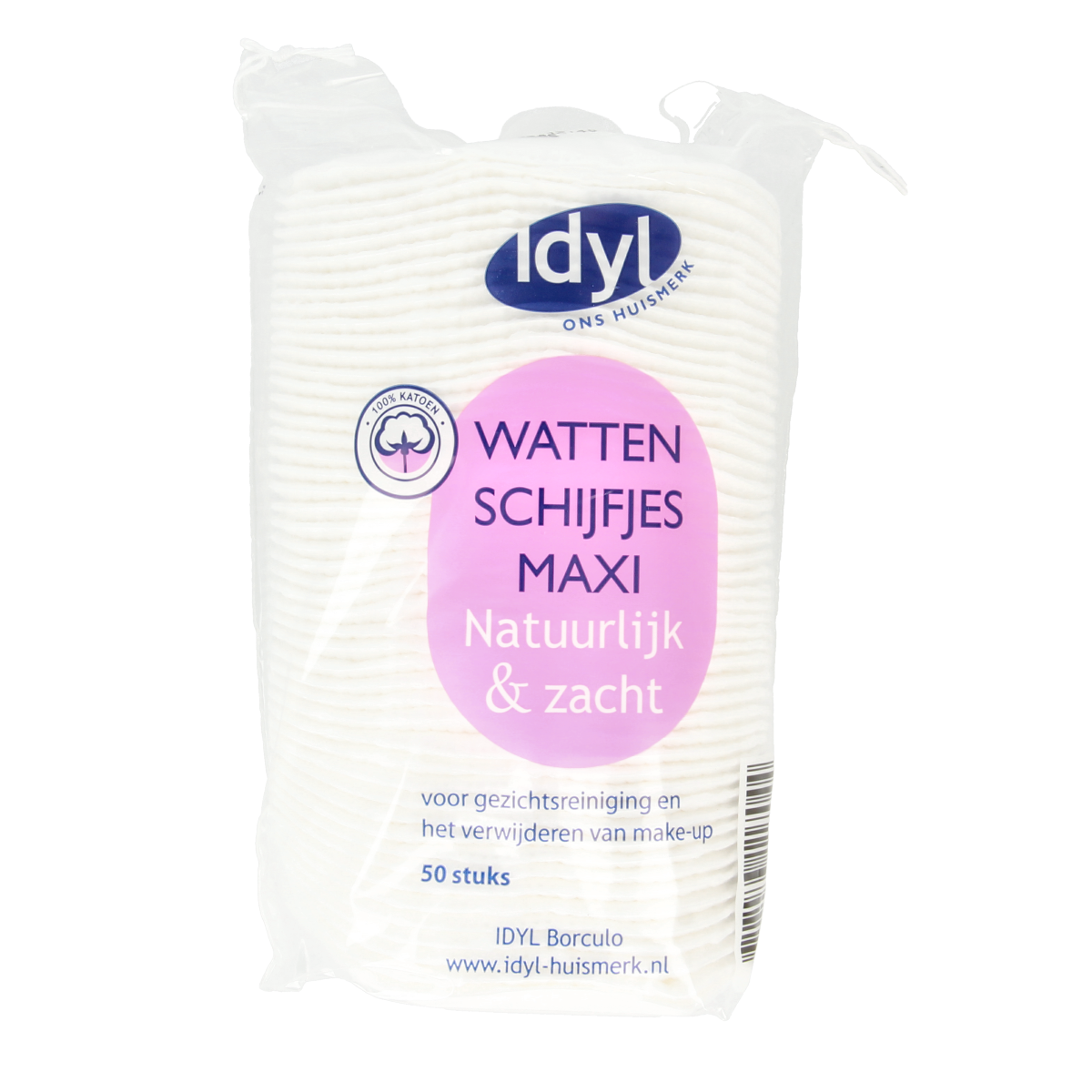 Set of 50 Idyl Wattenschijfjes maxi facial cleansing pads for gentle skincare and makeup removal.