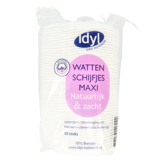 Set of 50 Idyl Wattenschijfjes maxi facial cleansing pads for gentle skincare and makeup removal.