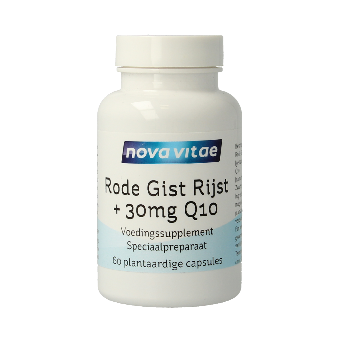 Nova Vitae Rode gist rijst and Q10 vegetarian capsules in a blister pack, dietary supplement for heart health.