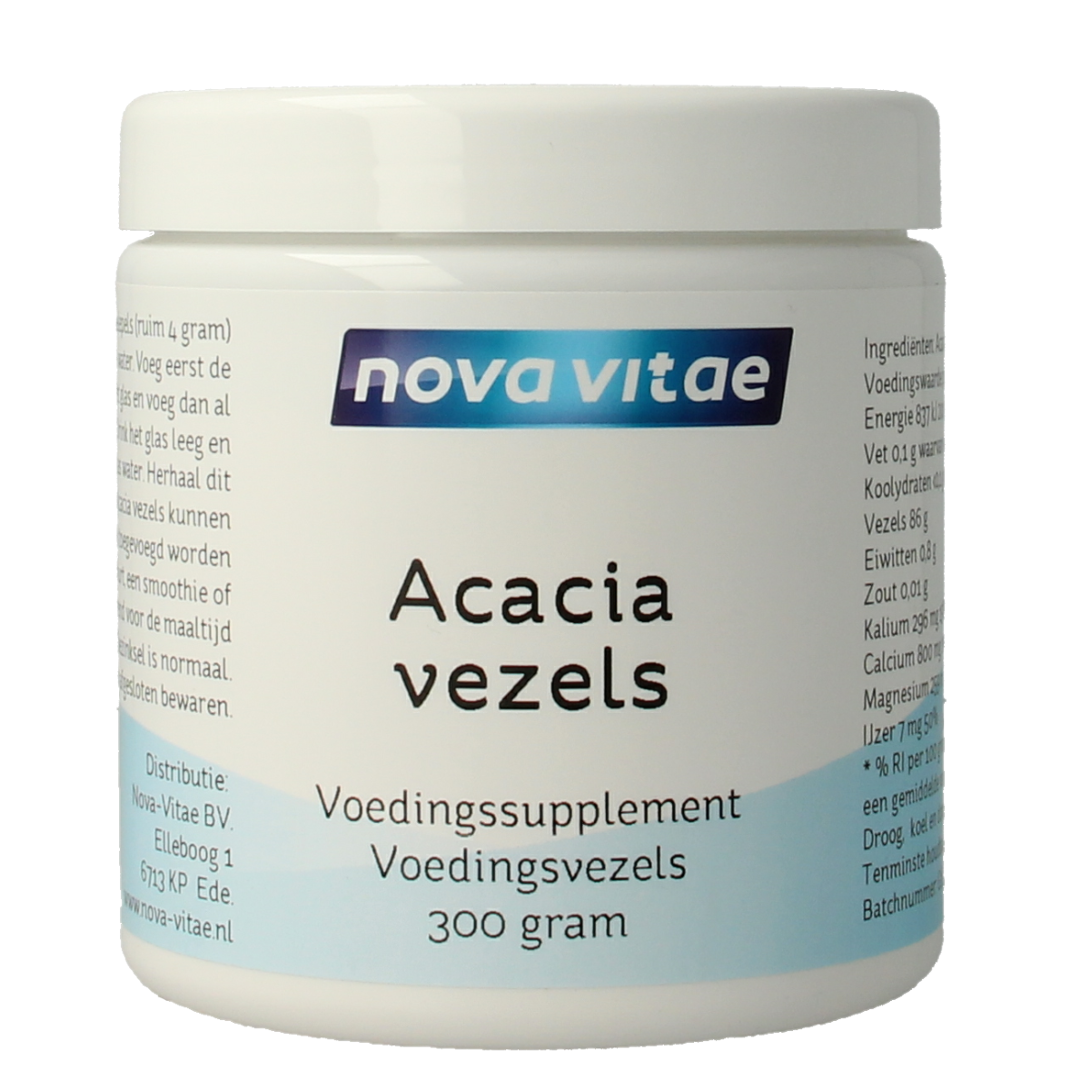 Nova Vitae Acacia vezels, 300g, herbal supplement with natural acacia fiber in a resealable package.