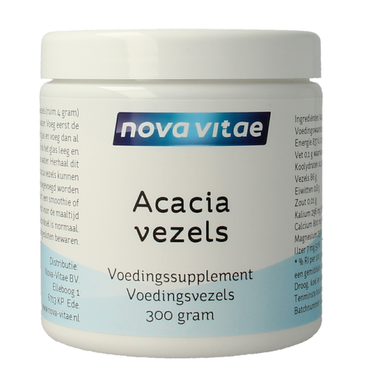 Nova Vitae Acacia vezels, 300g, herbal supplement with natural acacia fiber in a resealable package.