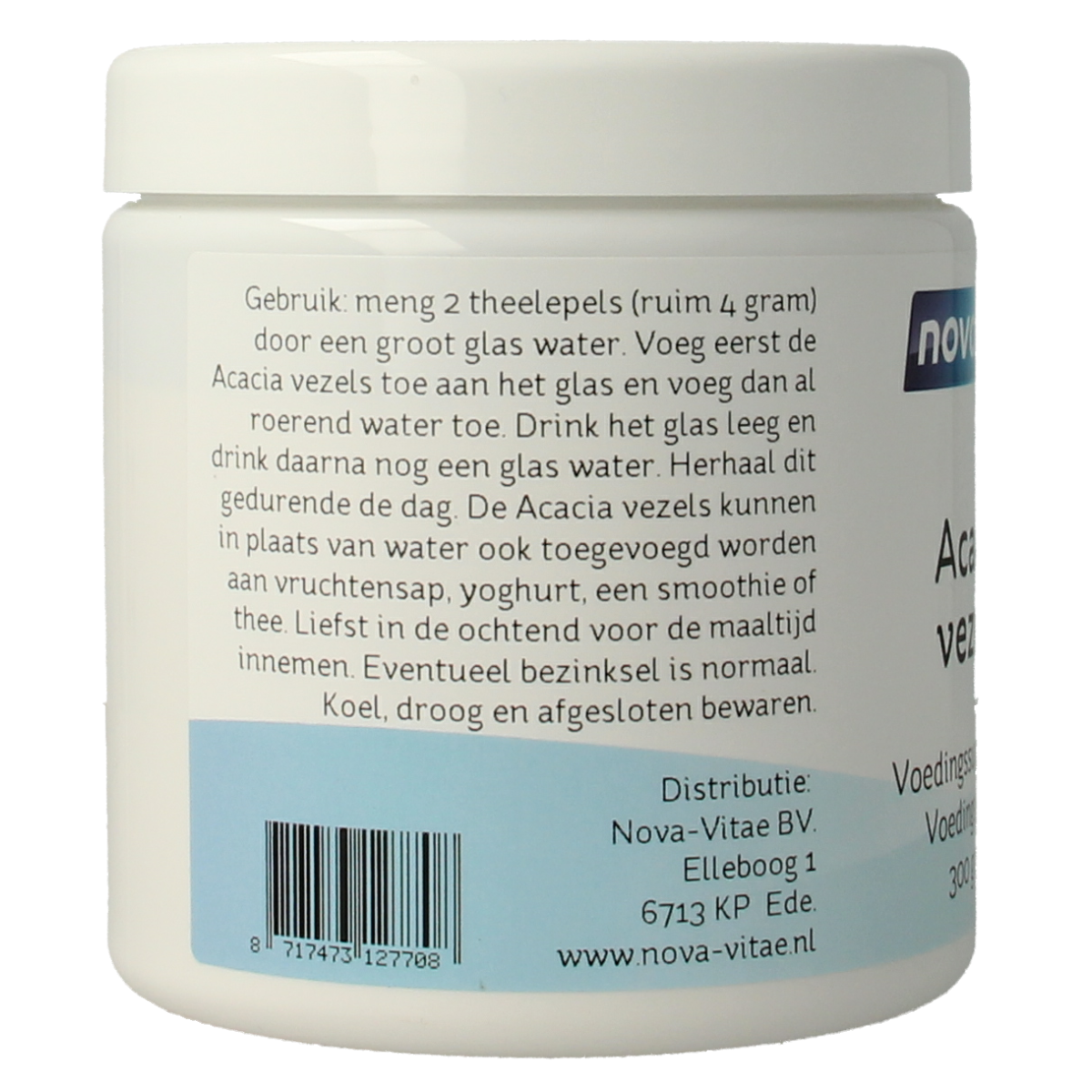 Nova Vitae Acacia vezels, 300g, herbal supplement with natural acacia fiber in a clear container, used for digestive health.